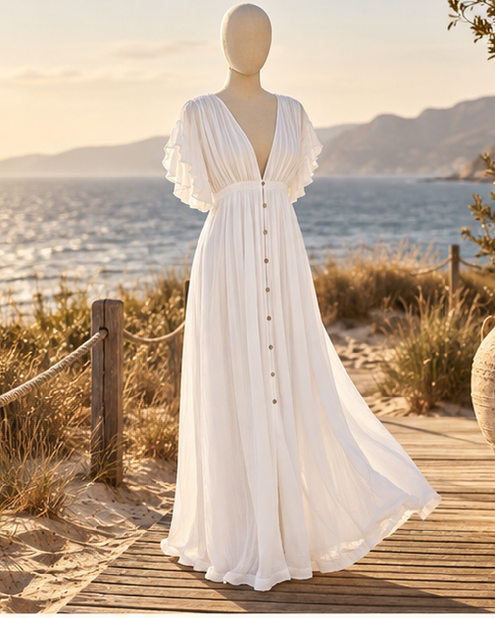 White Hippie Maxi Dress, bohemian movement view in golden-hour light
