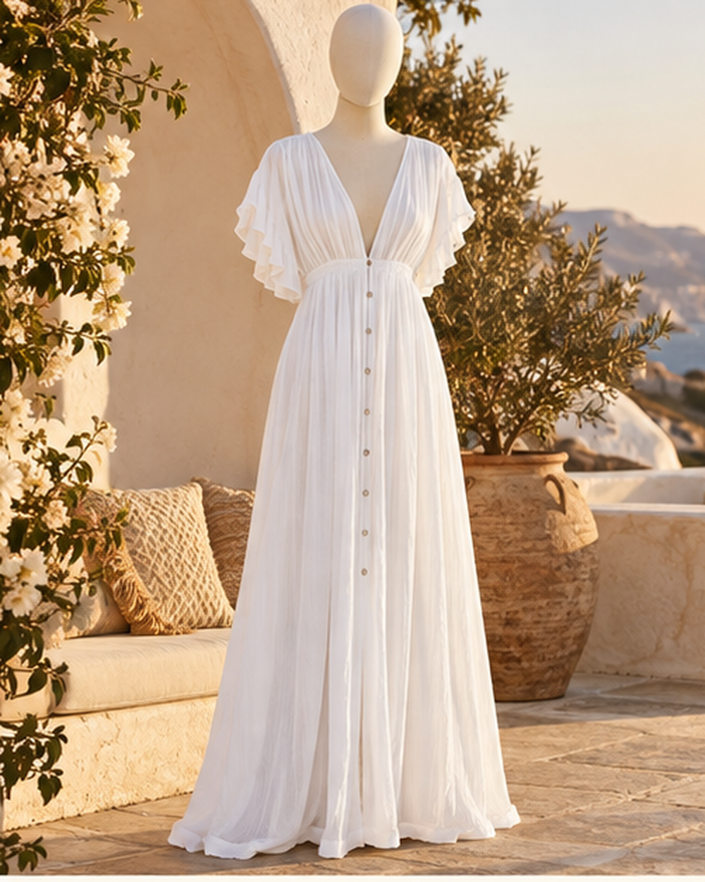 White Hippie Maxi Dress, styled in a warm Mediterranean setting