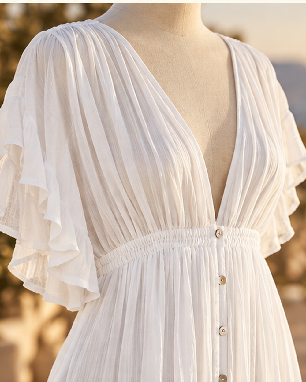 White Hippie Maxi Dress, close-up of fabric and garment details