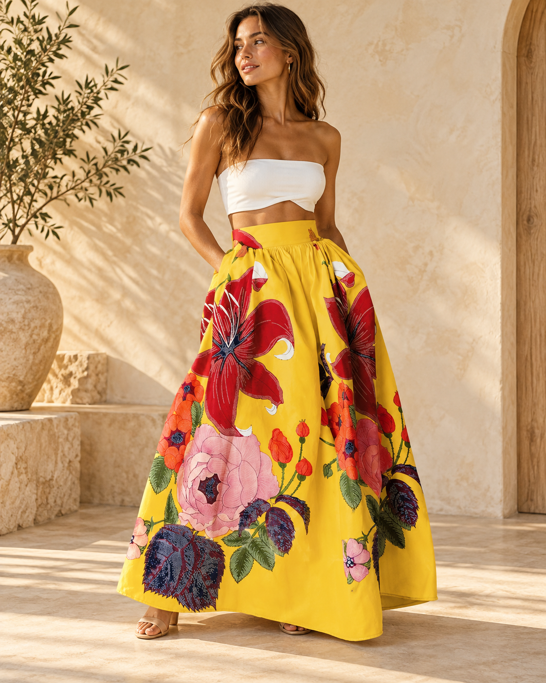 Yellow Boho Maxi Skirt, full-length hero view