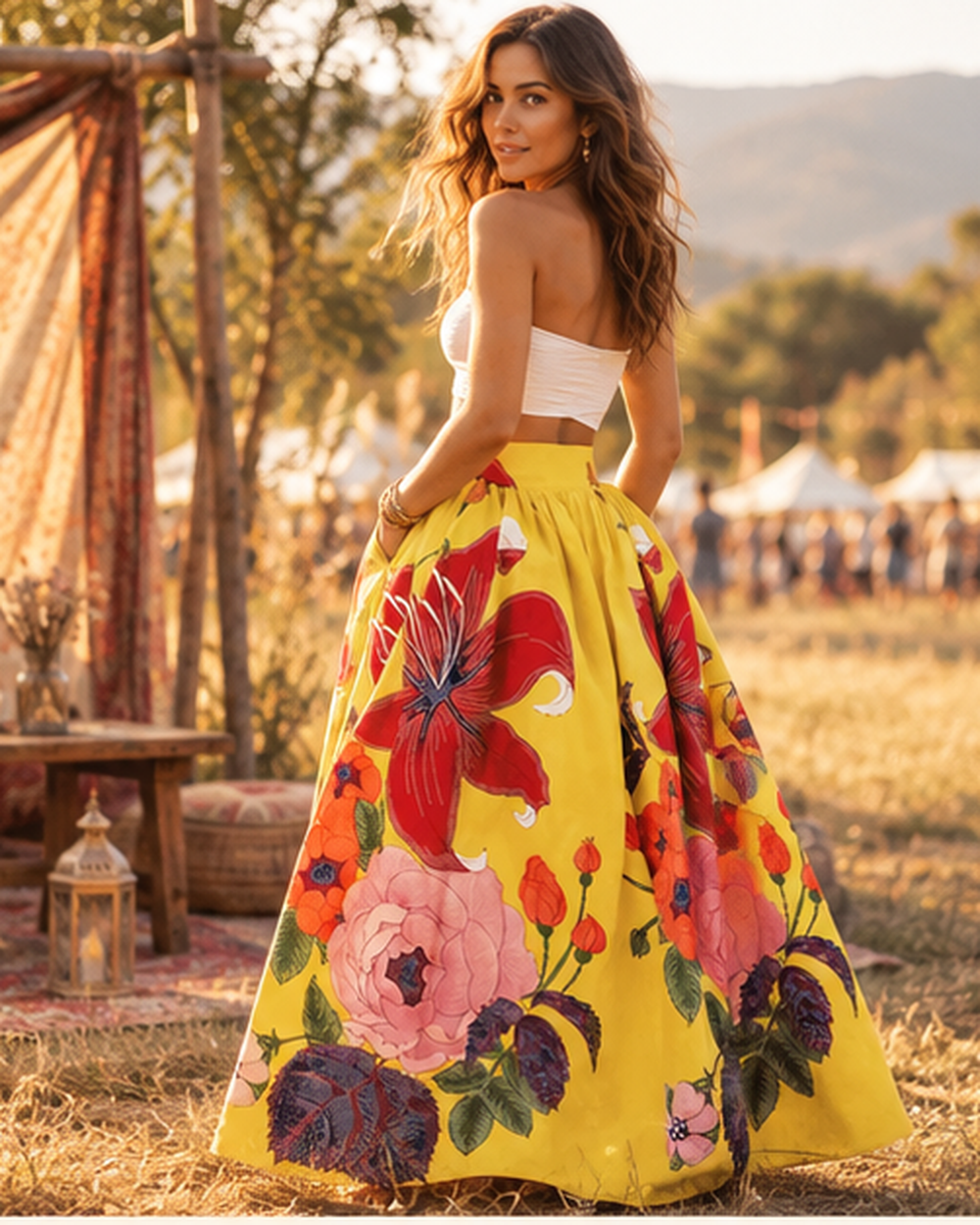 Yellow Boho Maxi Skirt, styled in a warm Mediterranean setting