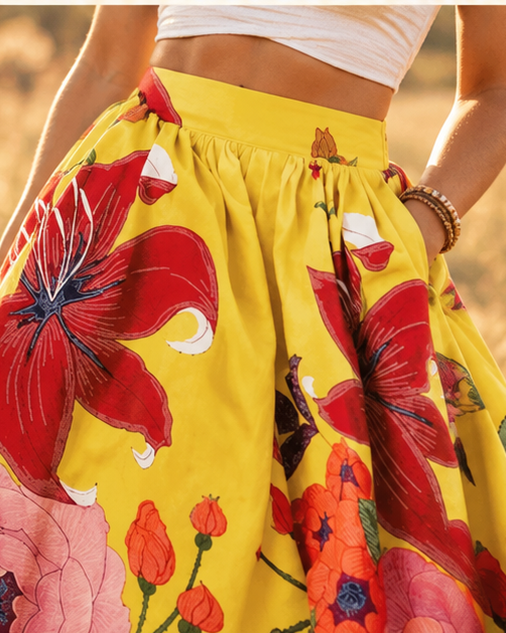 Yellow Boho Maxi Skirt, close-up of fabric and garment details