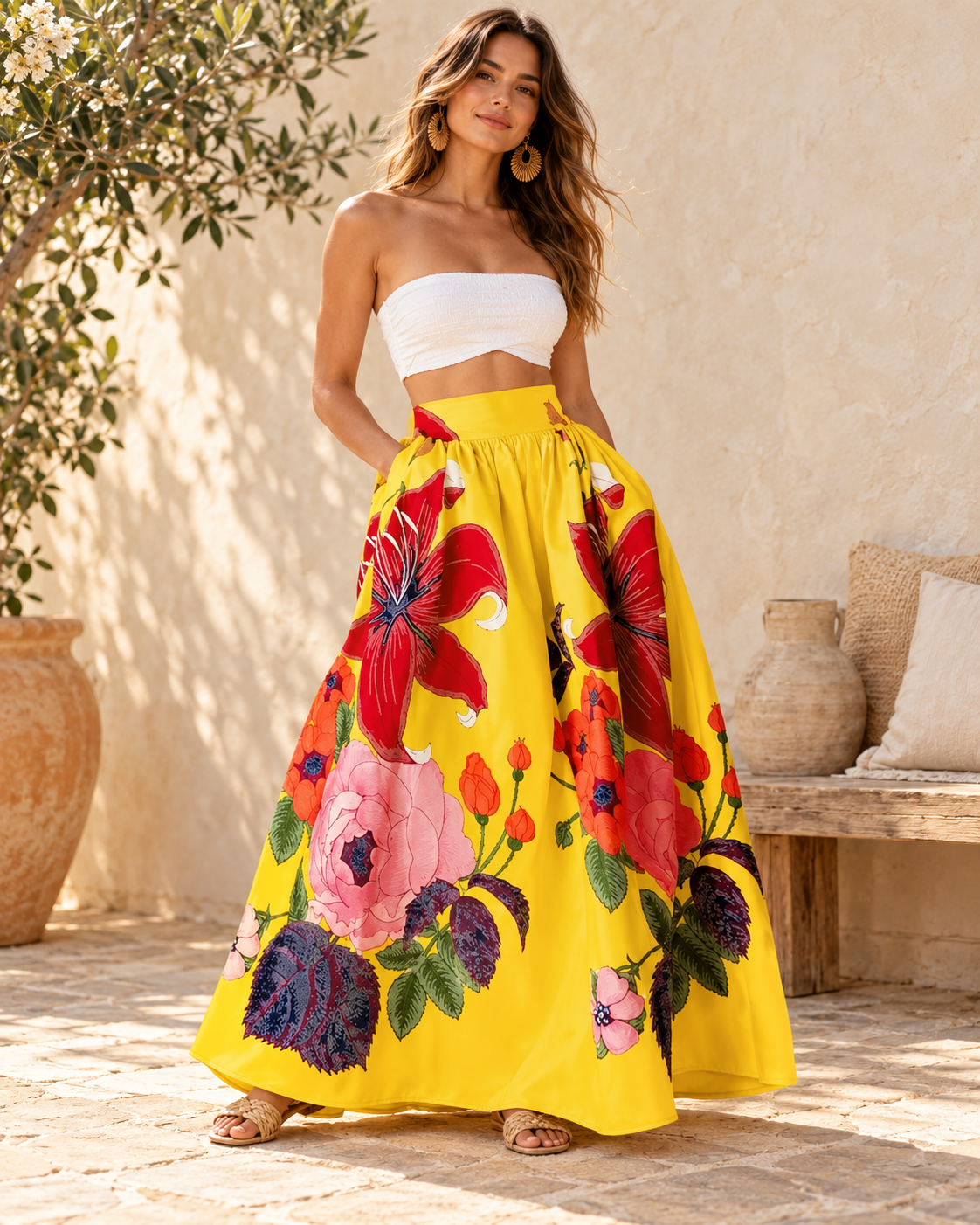 Yellow Boho Maxi Skirt, full-length hero view