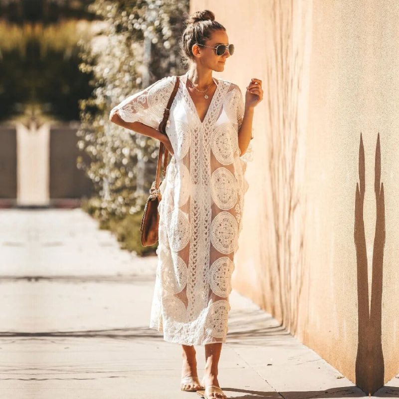 White Lace Boho Maxi Dress