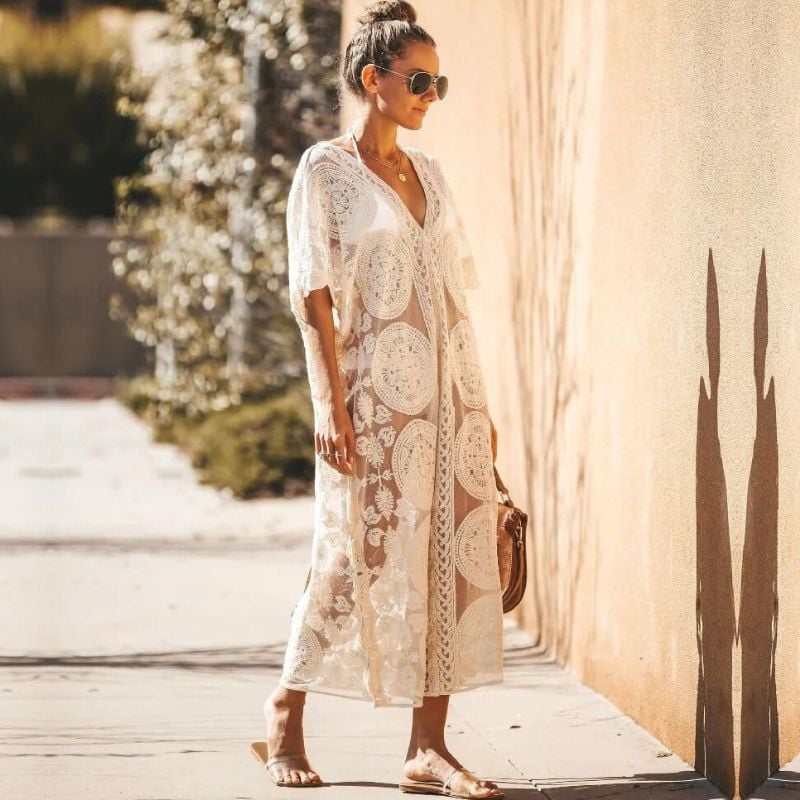 White Lace Boho Maxi Dress