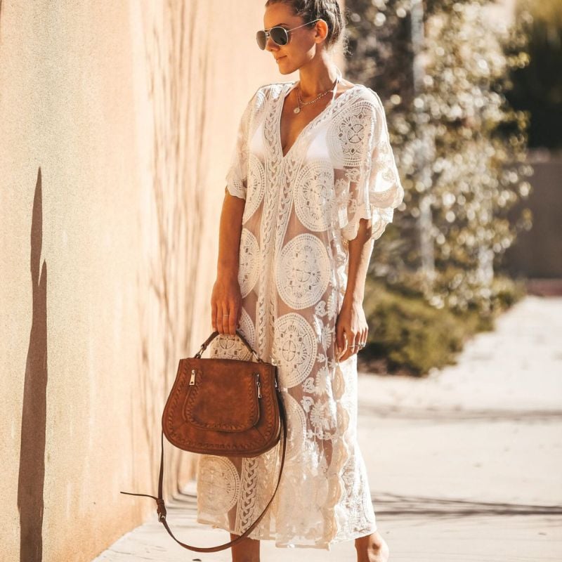 White Lace Boho Maxi Dress