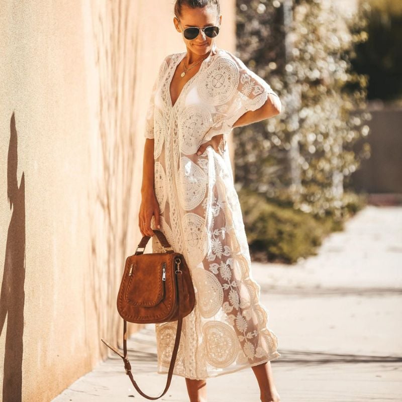White Lace Boho Maxi Dress