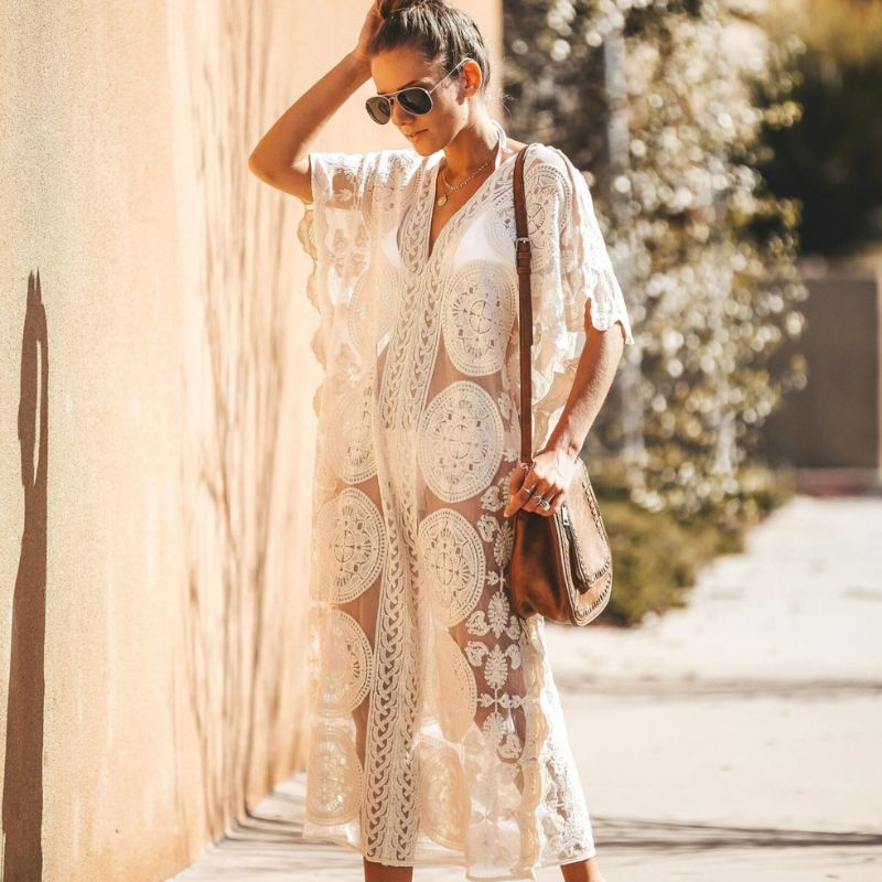 White Lace Boho Maxi Dress