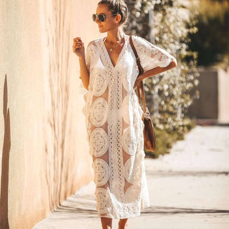 White Lace Boho Maxi Dress