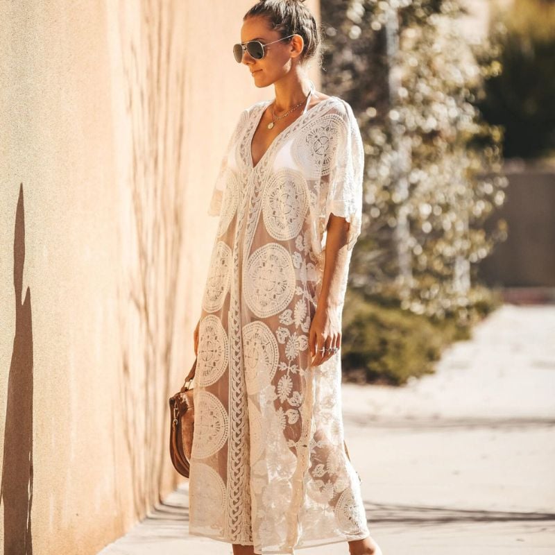 White Lace Boho Maxi Dress