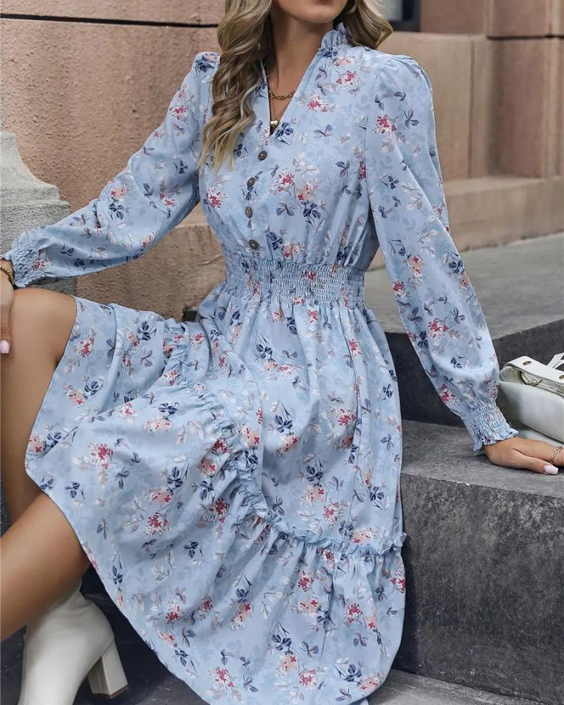 Blue Floral Boho Midi Dress