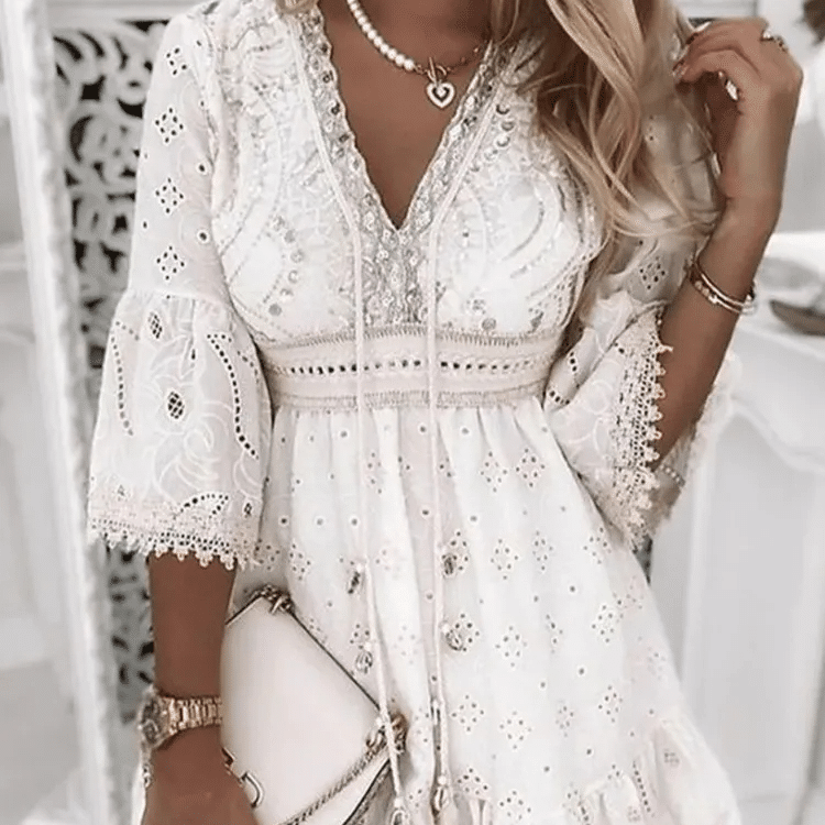 White Boho Embroidered Dress